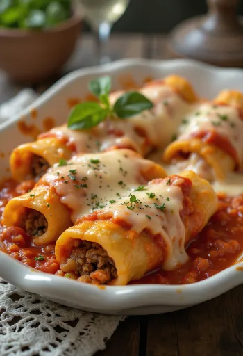Mäsové cannelloni podávané s paradajkovou omáčkou a roztaveným syrom