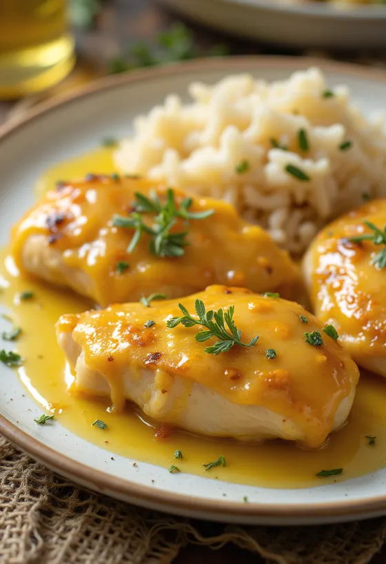 Šťavnaté medovo-horčicové kuracie prsia upečené do chrumkava, podávané s čerstvou zeleninou