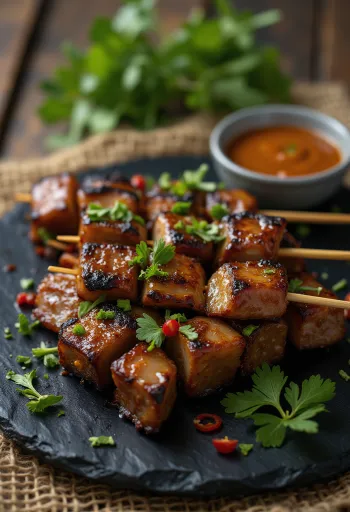 Kačacie Satay, grilované kačacie mäso v arašidovej marináde