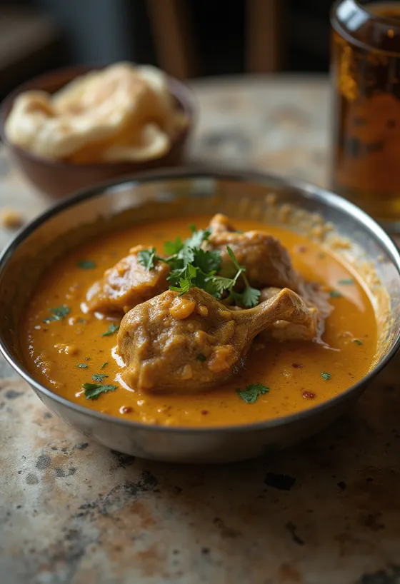 Korma z kozieho mäsa v bohatej krémovej omáčke, zdobená čerstvým koriandrom.