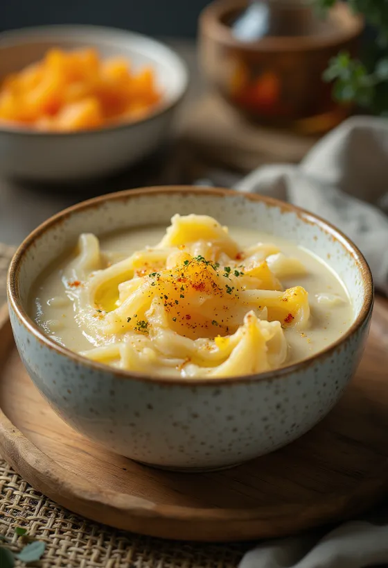 Krémový tekvicový prívarok s kôprom a kyslou smotanou, podávaný s čerstvou chrumkavou žemľou