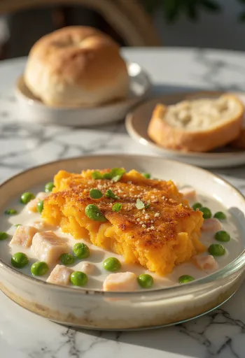 Zlatohnedý povrch rybieho nákypu s batatovým pyré