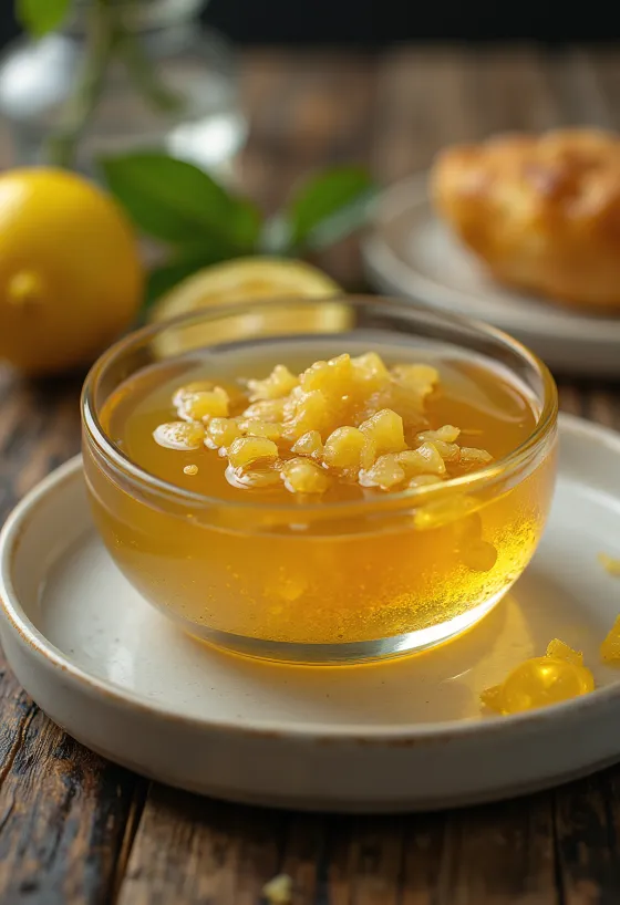 Medovo-citrónová glazúra so zázvorom v miske, ozdobená plátkami citróna a zázvorom.