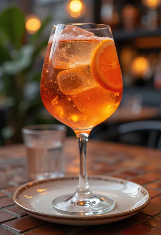 Aperol Spritz ozdobený plátkom pomaranča a kockami ľadu