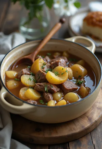 Baeckeoffe francúzske mäsové ragú na víne servírované