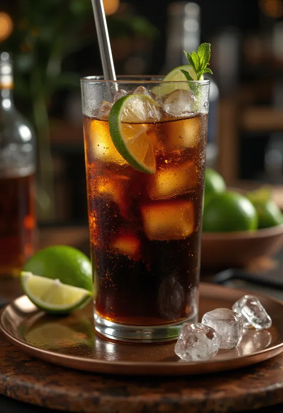 Klasický koktail Cuba Libre s limetkou a ľadom v pohári