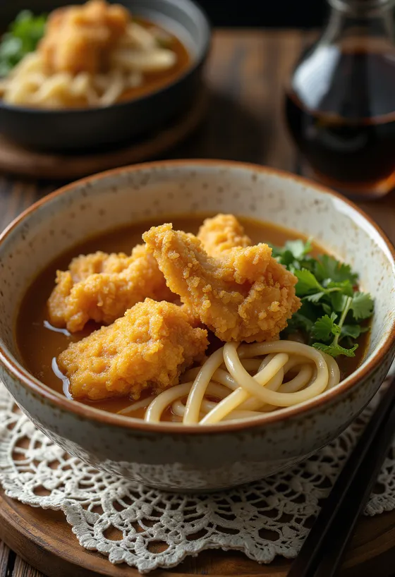 Karaage udon v miske, udon rezance s vyprážaným kuraťom, sójovou omáčkou a jarnou cibuľkou