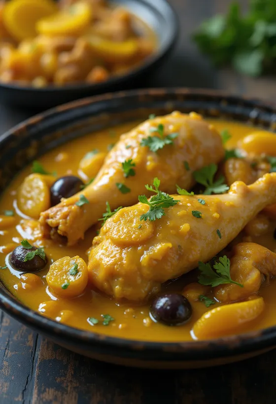 Kurací tagine s nakladanými citrónmi podávaný v tradičnej nádobe tagine