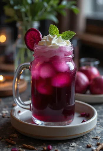 Tmavočervený cviklovo-jablkový cider so šľahačkou v pohári