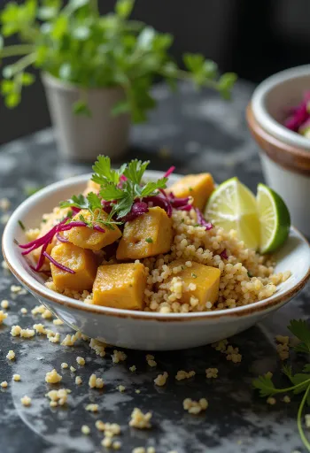Quinoa s kari tofu, cviklou a limetkou