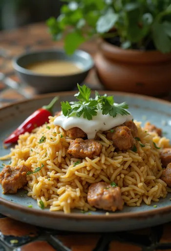 Ghuzi s jogurtom, servírované s koreneným mäsom a čerstvým koriandrom