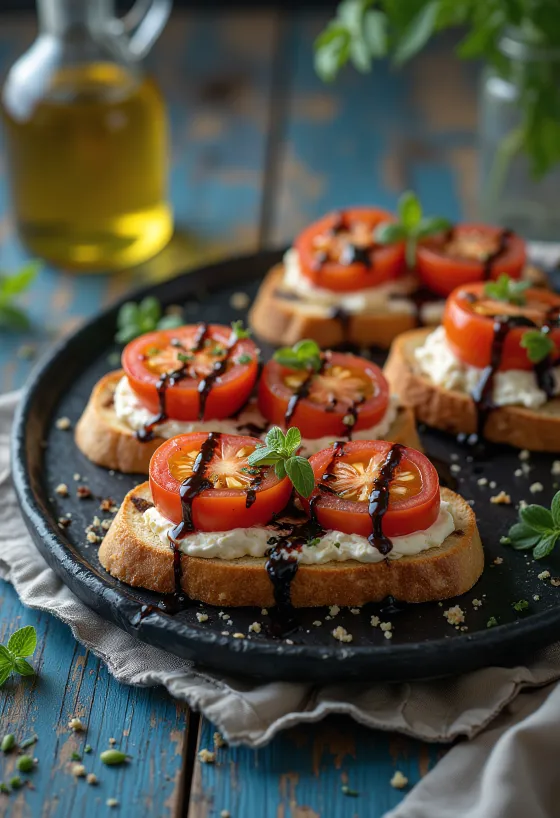 Bruschetta s paradajkou, kozím syrom a čerstvou bazalkou