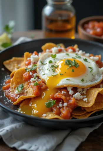 Chilaquiles so sázeným vajcom (huevo estrellado) čerstvo servírované, na slnku