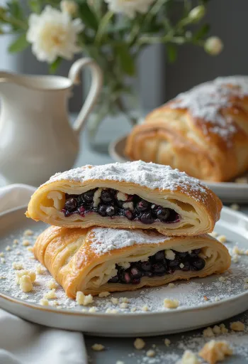 Čerstvo upečená maková štrúdľa s chrumkavým cestom, nakrájaná na plátky, posypaná práškovým cukrom