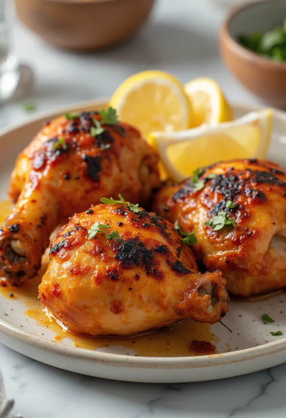 Kurča Tandoori pečené v jogurtovej marináde, podávané s čerstvými bylinkami