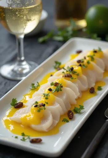 Tiradito s marakujovou omáčkou servírované, ozdobené čerstvým koriandrom