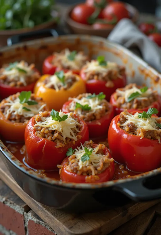 Plnená paprika s mletým hovädzím mäsom pri podávaní