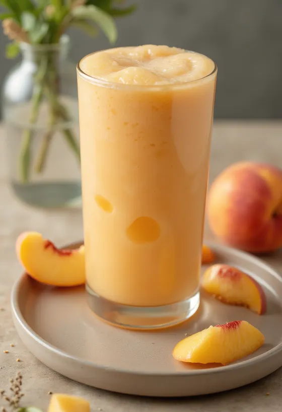 Osviežujúce broskyňové smoothie v pohári s plátkami banánu