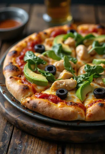 California Pizza s čerstvým avokádom, kuracími prsiami a špenátom
