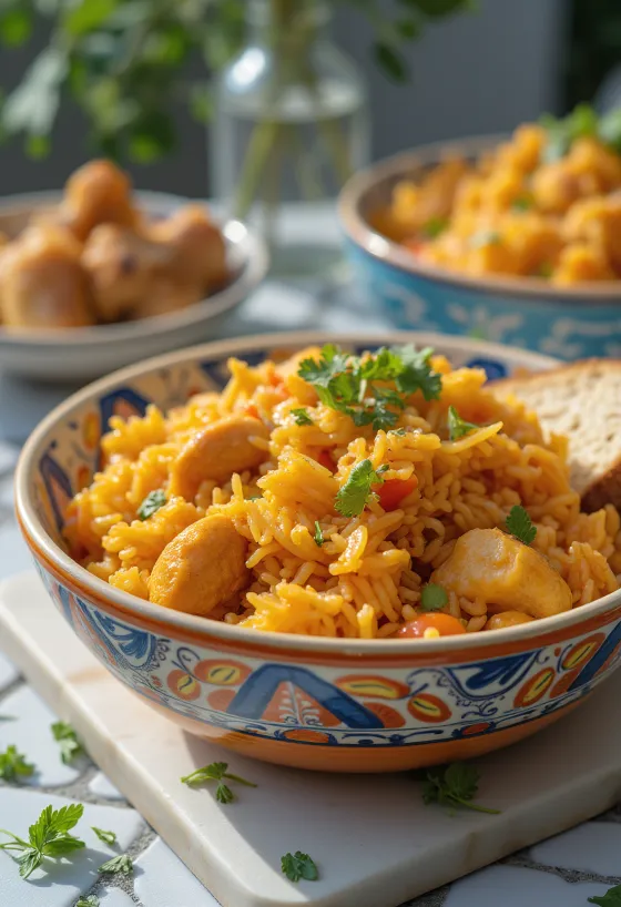 Jollof ryža podávaná s kuracím mäsom