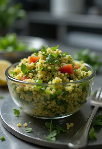 Quinoa tabbouleh podávaný s čerstvými bylinkami