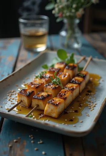 Tofu Satay, grilované tofu špízy s čerstvou zeleninou