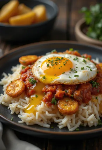 Servírované Arroz a la Cubana s paradajkovým mletým mäsom, pečeným banánom a volským okom