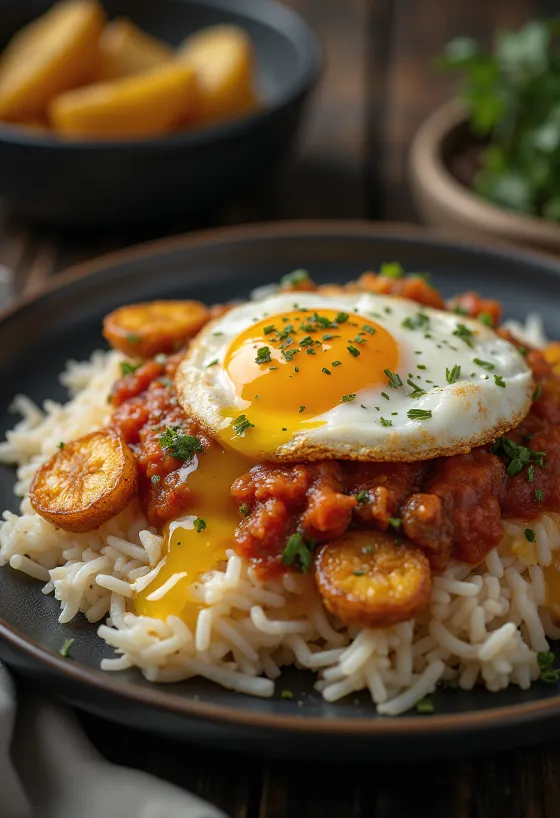 Servírované Arroz a la Cubana s paradajkovým mletým mäsom, pečeným banánom a volským okom