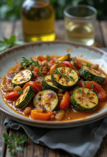 Grilovaná caponata podávaná s olivami a paradajkovou omáčkou