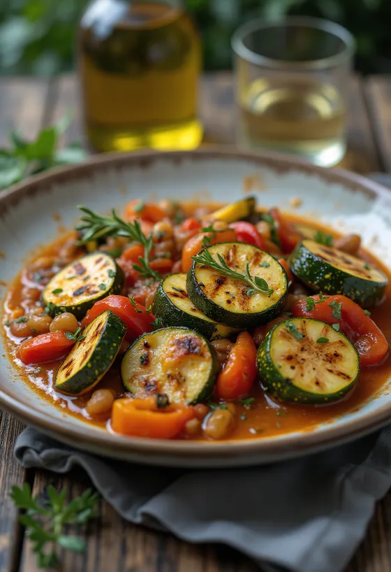 Grilovaná caponata podávaná s olivami a paradajkovou omáčkou
