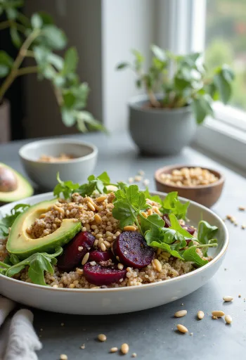 Cviklové quinoa Buddha bowl s praženými semienkami