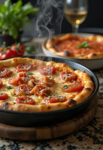 Chicago Deep-Dish Pizza s množstvom syra a paradajkovou omáčkou