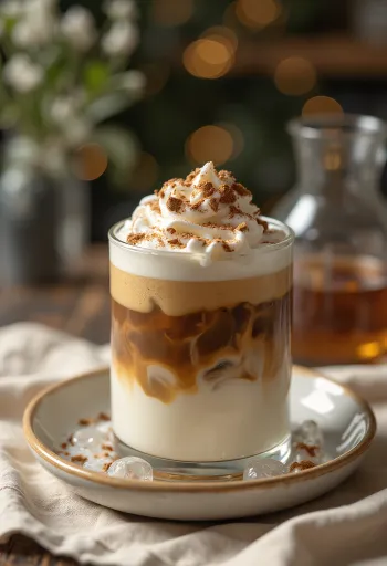 Vysoký pohár s ľadovou kávou na stole