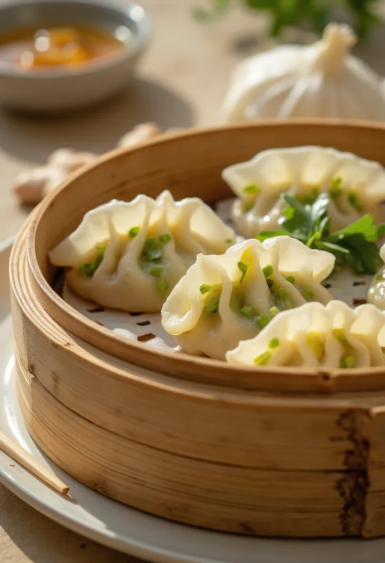 Zeleninové gyoza taštičky opekané na panvici, servírovanie so sójovou omáčkou