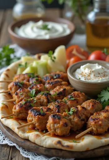 Kafta podávaná s čerstvou pitou a šalátom
