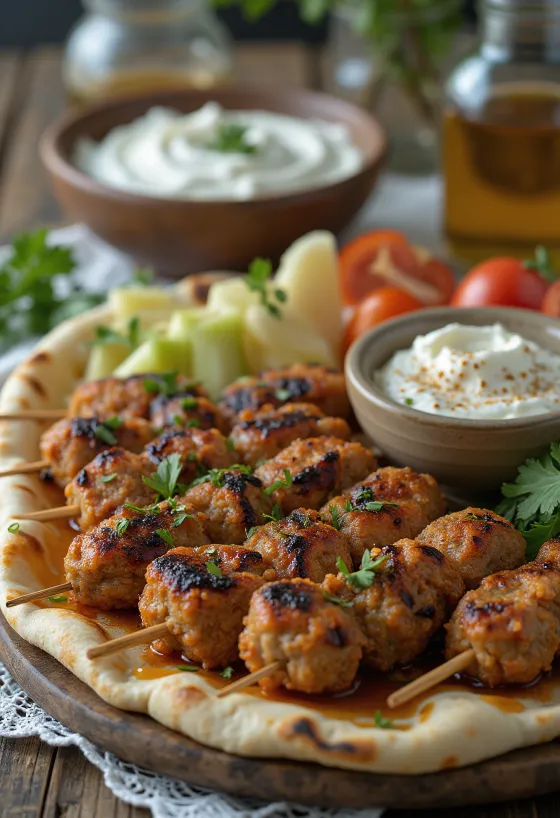 Kafta podávaná s čerstvou pitou a šalátom