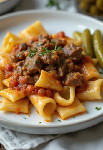 Perkelt s cestovinou a kyslou uhorkou servírovanie