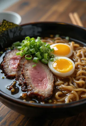 Ramen s restovaným hovädzím mäsom, podávaný s vajíčkom a čerstvou zeleninou