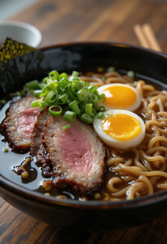 Ramen s restovaným hovädzím mäsom, podávaný s vajíčkom a čerstvou zeleninou