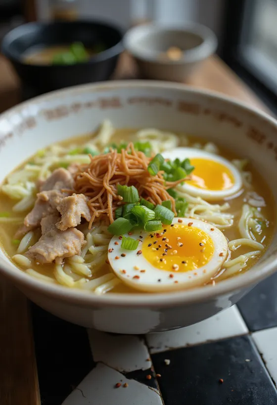 Street Food Ramen podávaný s kuracím mäsom a zeleninou