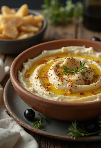 Tirokafteri so syrom feta, červeným vínnym octom a olivami