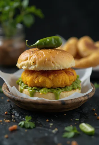 Vada pav plnené mäsom, servírované
