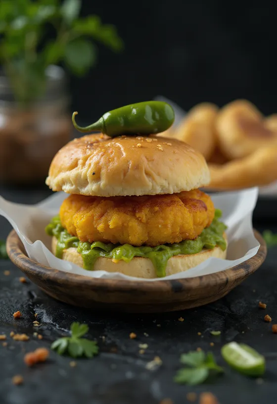 Vada pav plnené mäsom, servírované