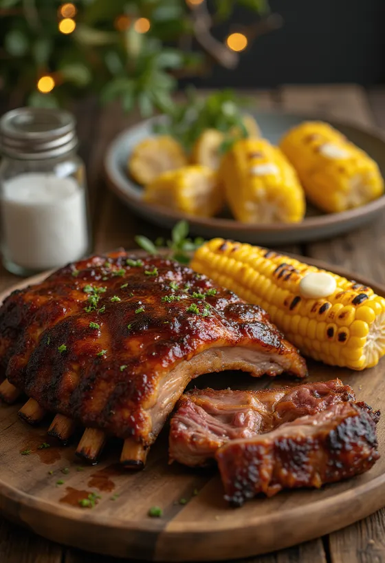 BBQ rebrá podávané s maslom potretou pečenou kukuricou