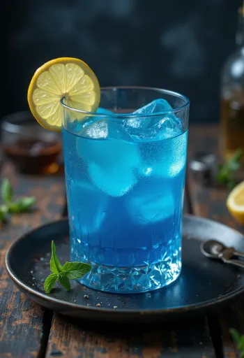 Kokteil Blue Lagoon ozdobený plátkom citróna a kokteilovou čerešňou