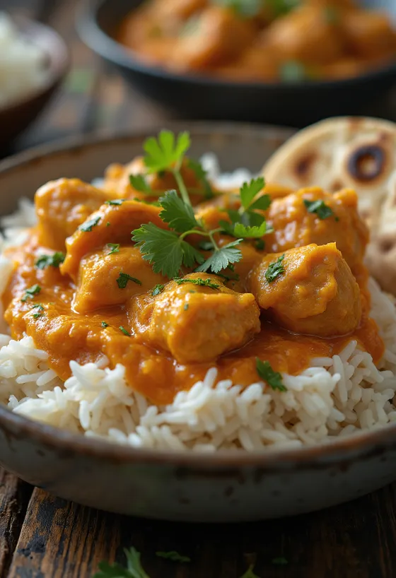 Kuracia tikka masala podávaná s ryžou basmati