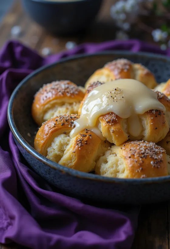 Maková guba posypaná práškovým cukrom, podávaná s vanilkovým krémom