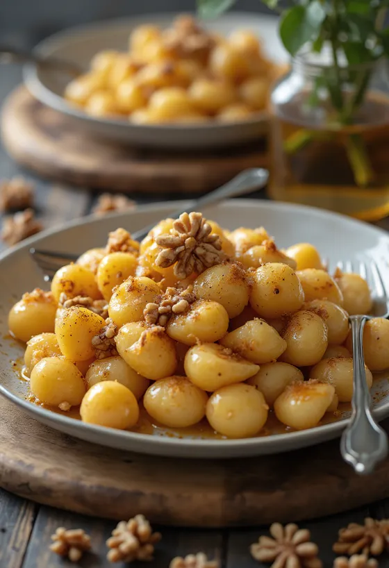 Servírované medové gnocchi s orechmi