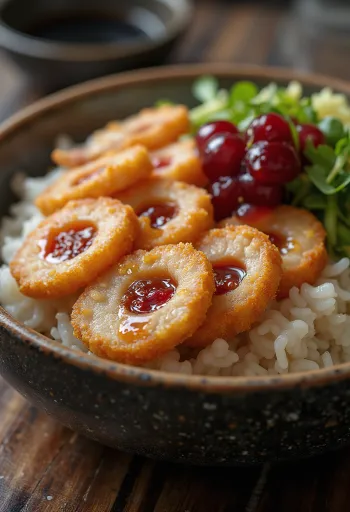 Katsudon plnený nakladanými slivkami umeboshi, podávaný s lákavým zlatohnedým mäsom.