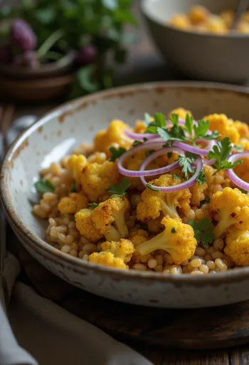 Farro s pečeným karfiolom a kari korením v miske